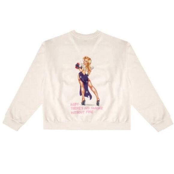 Boys Lie Tops - Boys Lie Shoot Your Shot Crewneck No Smoke Without Fire Cream Embroidered Sz. Lg